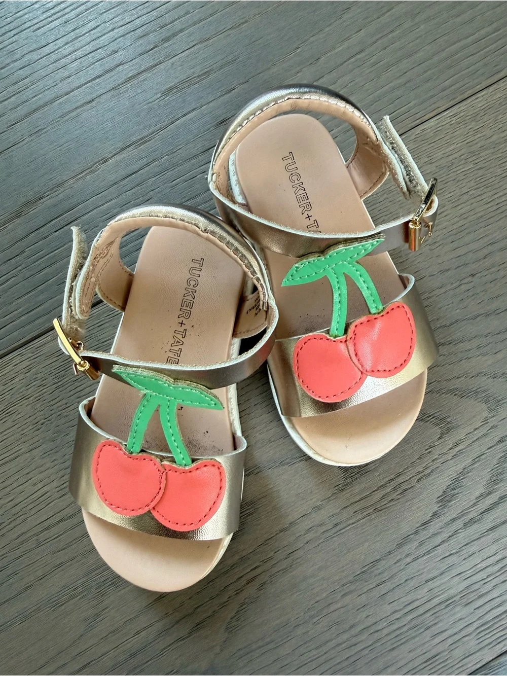 Tucker + Tate Gold Sandals with Pink Cherry Appliqués